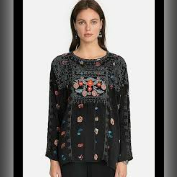 JohnnY Was Biya Inka silk blouse lack embroidered long sleeve split tie neck S - Picture 10 of 10